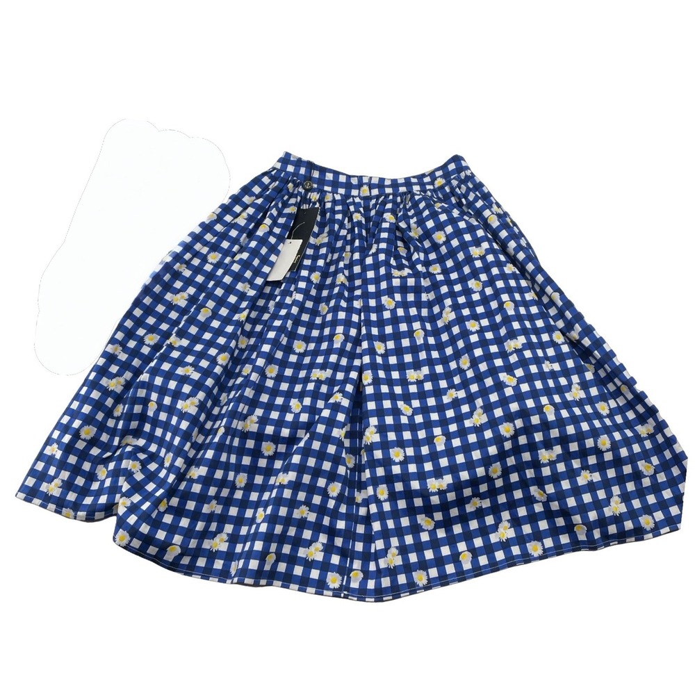 Collectif Women Skirt Jasmine Swing Gingham Daisy Blue White Cotton Blend Small - Picture 2 of 7